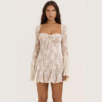 Lace Square Collar Dress Bell-bottom Long Sleeve Tied A- Line Dresses Womens Clothing