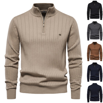 Half-zipper Pullover Sweater Men's Fashion Casual Stand Collar Long-sleeved Knitted Tops Fall Winter Clothing